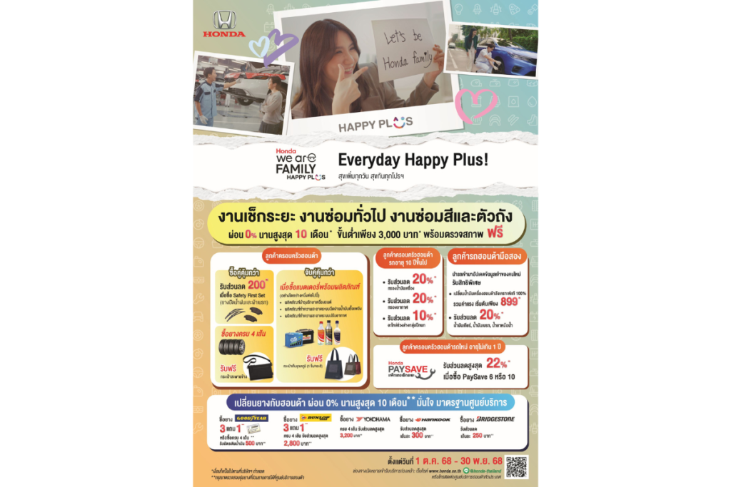 ฮอนด้า เสิร์ฟใหญ่ Honda We’re Family Happy Plus!’ พลัสความสุขให้มากขึ้นกว่าเดิม มอบบริการที่ดูแลทั้งรถและคุณเหมือนคนในครอบครัว ผ่อนสบายๆ 0% ทุกงานบริการ สูงสุด 10 เดือน*