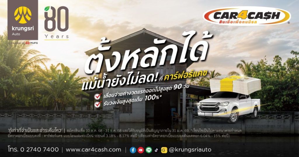 คาร์ฟอร์แคช ส่งโครงการ “ตั้งหลัก 90 วัน” ช่วยพักหนี้ลูกค้าใหม่ที่ประสบภัยน้ำท่วม สูงสุด 3 เดือน