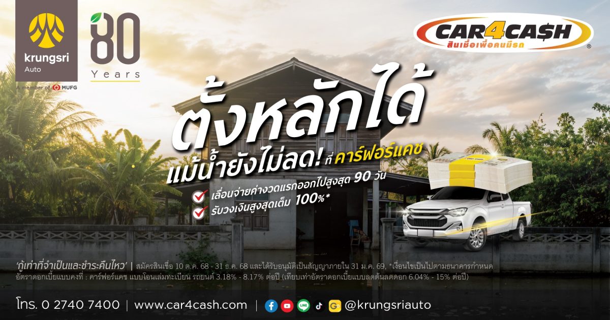 คาร์ฟอร์แคช ส่งโครงการ “ตั้งหลัก 90 วัน” ช่วยพักหนี้ลูกค้าใหม่ที่ประสบภัยน้ำท่วม สูงสุด 3 เดือน