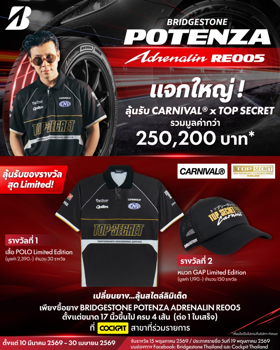 บริดจสโตนแจกใหญ่เต็มสปีด! ซื้อ “BRIDGESTONE POTENZA Adrenalin RE005” ครบ 4 เส้น ลุ้น 180 รางวัล จาก CARNIVAL x TOP SECRET