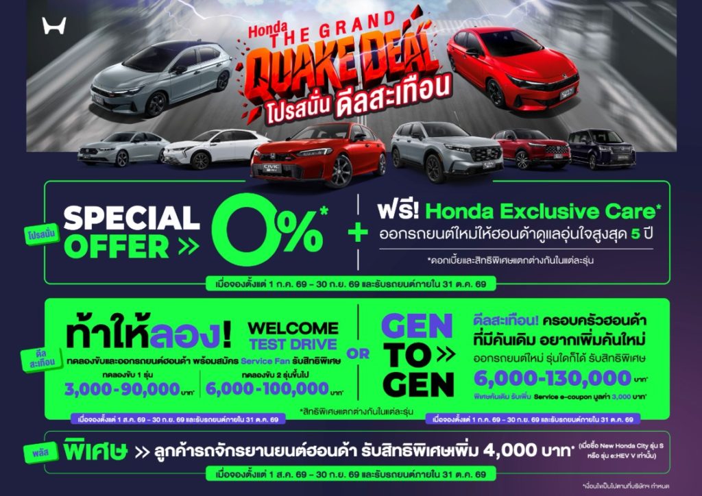 ฮอนด้า ยกทัพ e:HEV และ EV จัดเต็มในงาน BIG MOTOR SALE 2026 ตั้งแต่ 21 – 30 ส.ค. 2569นำโดย Honda City ใหม่ และ Honda Civic e:HEV ใหม่ ที่มาพร้อม Honda S+ Shift