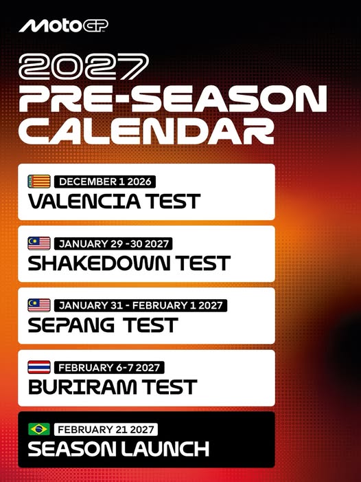 MotoGP เปิดปฏิทินพรีซีซั่น 2027 อย่างเป็นทางการ! ไทยเปิดสนามแรกของปี พร้อมจัด “Buriram Test” ก่อนประเดิมศักราช “New Era” รถแข่ง 850 ซีซี